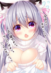 Rule 34 | 1girl, animal ears, blush, bow, breasts, cat ears, chestnut mouth, commentary request, fang, flying sweatdrops, hair between eyes, hair bow, hair ribbon, head tilt, highres, large breasts, long hair, long sleeves, looking at viewer, meme attire, ooji cha, open-chest sweater, open mouth, original, oziko (ooji cha), pink bow, pink ribbon, purple eyes, purple hair, ribbed sweater, ribbon, shirt, shirt grab, sleeves past wrists, solo, star (symbol), star in eye, sweater, symbol in eye, tareme, translation request, turtleneck, turtleneck sweater, two side up, white shirt, white sweater