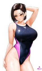 Rule 34 | 1girl, arm up, bare arms, bare shoulders, black hair, blush, breasts, closed mouth, collarbone, commentary request, competition swimsuit, cowboy shot, eyelashes, highleg, highleg swimsuit, highres, infinote, large breasts, looking to the side, one-piece swimsuit, original, shiny clothes, shiny skin, short hair, simple background, solo, swimsuit, two-tone swimsuit, wet, white background, yashiki yuuko, yellow eyes