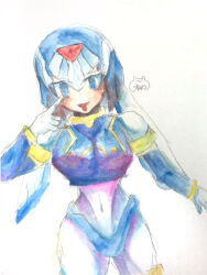 Rule 34 | 1girl, akanbe, android, artist name, blue eyes, blush, breasts, eyelid pull, finger to eye, gloves, helmet, fairy leviathan (mega man), looking at viewer, medium breasts, mega man (series), mega man zero (series), robot, robot girl, signature, simple background, solo, thighhighs, tongue, tongue out, user grpj2832, white background, white gloves