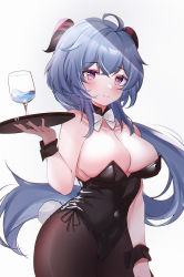 Rule 34 | 1girl, absurdres, ahoge, bare shoulders, black leotard, black pantyhose, blue hair, blush, breasts, covered navel, cowboy shot, cup, drinking glass, ganyu (genshin impact), genshin impact, highres, horns, large breasts, leotard, light smile, long hair, looking at viewer, low ponytail, pantyhose, playboy bunny, purple eyes, sidelocks, solo, tray, usagi (786113654), white background, wine glass