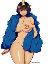 Rule 34 | 1girl, black hair, bra, breasts, cleavage, coat, convenient censoring, covering privates, covering breasts, cowboy shot, d-ryuu, dark-skinned female, dark skin, eliza (skullgirls), female focus, fur coat, jacket, jacket on shoulders, jewelry, nail polish, naked coat, no panties, nude, red eyes, simple background, skullgirls, solo, standing, thick thighs, thighs, underwear, white background