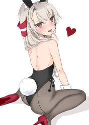 Rule 34 | 1girl, alternate costume, amatsukaze (kancolle), animal ears, ass, bare shoulders, blush, brown eyes, chigasaki yukari, detached collar, fake animal ears, fang, from behind, hair tubes, heart, high heels, kantai collection, leotard, long hair, looking at viewer, pantyhose, playboy bunny, rabbit ears, rabbit girl, red footwear, seiza, silver hair, simple background, sitting, solo, two side up, white background, wrist cuffs