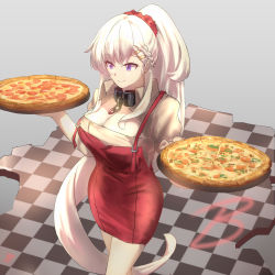 Rule 34 | 1girl, absurdres, apron, azur lane, beige dress, belfast (azur lane), belfast (piping-hot perfection) (azur lane), braid, breasts, chain, checkered floor, cleavage, closed mouth, collar, dress, food, highres, large breasts, long hair, metal collar, ootato, pizza, ponytail, purple eyes, red apron, short dress, short sleeves, side braid, smile, solo, tray, very long hair, white hair