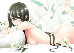 Rule 34 | 1girl, ass, barefoot, black hair, blush, breast press, breasts, copyright request, floral background, flower, glasses, green eyes, lily (flower), long hair, looking at viewer, looking to the side, lying, medium breasts, nekobaka, nude, on stomach, pillow, semi-rimless eyewear, solo, very long hair