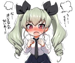 Rule 34 | 1girl, absurdres, anchovy (girls und panzer), anzio school uniform, bad id, bad pixiv id, belt, black belt, black necktie, black skirt, blush, clenched hands, commentary, dress shirt, drill hair, fang, frown, fume, girls und panzer, green hair, highres, long hair, long sleeves, looking at viewer, miniskirt, necktie, ngetyan, open mouth, pleated skirt, red eyes, school uniform, shirt, simple background, skirt, solo, sweat, tearing up, trembling, twin drills, twintails, upper body, white background, white shirt