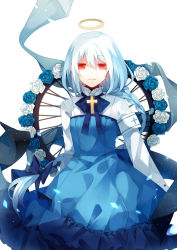 Rule 34 | 1girl, :d, albino, armband, bad id, bad pixiv id, blue dress, blue flower, blue hair, blue rose, bow, bowtie, braid, colored eyelashes, cross, dhiea, dress, flat chest, flower, frilled dress, frills, gothic lolita, hair between eyes, hair bow, halo, joshua (pause), lolita fashion, long hair, looking at viewer, open mouth, original, pause (dhiea), red eyes, rose, simple background, single braid, smile, solo, very long hair, wheel, white background, white flower, white hair, white rose