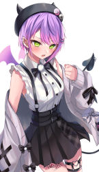 Rule 34 | 1girl, black hat, black skirt, blush, cardigan, collared shirt, cowboy shot, demon tail, demon wings, ear piercing, fake horns, green eyes, grey cardigan, hair ornament, hat, high-waist skirt, highres, hololive, horned headwear, horns, leg tattoo, long sleeves, moonbell, multicolored hair, o-ring, o-ring thigh strap, open cardigan, open clothes, open mouth, piercing, pink hair, pleated skirt, purple hair, shirt, short hair, simple background, skirt, solo, standing, suspender skirt, suspenders, tail, tail ornament, tail piercing, tattoo, thigh strap, tokoyami towa, two-tone hair, virtual youtuber, white background, white shirt, wings, x hair ornament