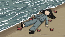Rule 34 | 1girl, beach, black hair, blue jacket, blue pants, blunt bangs, closed eyes, closed mouth, crab, fuchina (fucinami), full body, funo-chan (fuchina), highres, jacket, long hair, long sleeves, lying, ocean, on back, original, outdoors, pants, sand, slippers, solo, too many, track suit, water, waves
