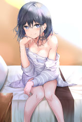 Rule 34 | 1girl, absurdres, adagaki aki, bare legs, bare shoulders, bed, bikini tan, black hair, blush, breasts, collarbone, commentary, hair between eyes, head rest, highres, long sleeves, looking at viewer, masamune-kun no revenge, medium breasts, off shoulder, on bed, raised eyebrow, revision, shirt, short hair, sitting, smile, smirk, solo, striped clothes, striped shirt, sunhyun, tan, tanline, white shirt