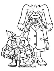 Rule 34 | boots, digimon, digimon (creature), looking at viewer, meicoomon, original, ribbon, scarf, turuiemon, winter clothes
