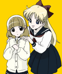 Rule 34 | 10s, 1990s (style), 2girls, aino minako, bishoujo senshi sailor moon, blonde hair, blue eyes, bow, brown eyes, cardigan, color connection, crossover, eyelashes, hair bow, half updo, kise yayoi, kyakya, long hair, multiple girls, muted color, precure, school uniform, short hair, smile, smile precure!, yellow background
