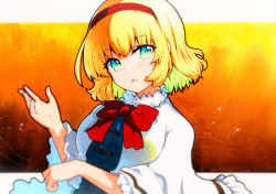 Rule 34 | 1girl, alice margatroid, bad id, bad twitter id, blonde hair, blue eyes, blurry, blurry foreground, bow, depth of field, frills, hairband, hand up, highres, looking at viewer, open mouth, orange background, qqqrinkappp, short hair, simple background, touhou