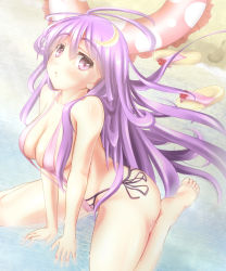 Rule 34 | 1girl, beach, bikini, breasts, crescent, crescent hair ornament, female focus, footprints, hair ornament, highres, large breasts, long hair, looking at viewer, patchouli knowledge, purple eyes, purple hair, sand, sandals, unworn sandals, side-tie bikini bottom, sitting, slingshot swimsuit, solo, swimsuit, touhou, toumin, wading