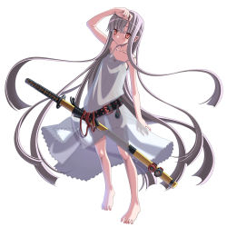 Rule 34 | absurdly long hair, barefoot, feet, flat chest, full body, legs, long hair, no panties, original, sakuya tsuitachi, see-through, sheath, sheathed, simple background, solo, standing, sword, very long hair, weapon, white background