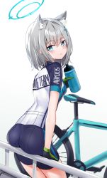 Rule 34 | 1girl, absurdres, animal ear fluff, animal ears, aqua eyes, ass, bicycle, black gloves, blue archive, blush, bottle, commentary, cross hair ornament, cycling uniform, gloves, grey hair, hair between eyes, hair ornament, halo, highres, holding, kure (kure ng), looking at viewer, mismatched pupils, shiroko (blue archive), shiroko (cycling) (blue archive), short hair, short sleeves, shorts, sitting, skin tight, solo, sweat, symbol-only commentary, water bottle