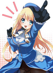 Rule 34 | 10s, 1girl, atago (kancolle), bad id, bad pixiv id, black gloves, blonde hair, blue eyes, blush, breasts, gloves, hat, highres, jacket, kantai collection, kazushima, large breasts, long hair, long sleeves, open mouth, pantyhose, personification, smile, solo, white background