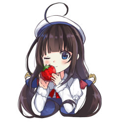 Rule 34 | 10s, 1girl, ;), ahoge, beret, blue dress, blue eyes, blush, brown hair, closed mouth, commentary request, cropped torso, dress, food, fruit, hat, highres, hinatsuru ai, holding, holding food, holding fruit, kinatsu ship, layered sleeves, long hair, long sleeves, looking at viewer, low twintails, one eye closed, puffy short sleeves, puffy sleeves, ryuuou no oshigoto!, school uniform, short over long sleeves, short sleeves, simple background, smile, solo, strawberry, twintails, white background, white hat