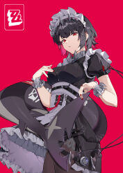 Rule 34 | 1girl, absurdres, black dress, black hair, breasts, collar, colored inner hair, dress, ellen joe, fins, fish tail, highres, holding own tail, large breasts, liuleiwowotou, looking at viewer, maid headdress, medium hair, metal collar, mole, mole on arm, mole under eye, multicolored hair, pantyhose, puffy short sleeves, puffy sleeves, red eyes, red hair, red nails, shark tail, short sleeves, simple background, solo, standing, tail, v-shaped eyebrows, wrist cuffs, zenless zone zero