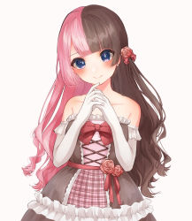 Rule 34 | absurdres, asymmetrical bangs, bare shoulders, blue eyes, blunt bangs, blush, bow, bowtie, brown hair, closed mouth, dress, elbow gloves, flower, frilled dress, frilled gloves, frills, gloves, hair flower, hair ornament, head tilt, highres, long hair, marumochi (muuun251), multicolored hair, off-shoulder dress, off shoulder, own hands together, pink hair, red bow, red bowtie, simple background, smile, standing, tachibana hinano (vtuber), virtual youtuber, vspo!, wavy hair, white background, white gloves