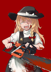 Rule 34 | 1girl, absurdres, apron, black hat, black skirt, black vest, blonde hair, blood, blood on clothes, blood on face, bloody weapon, bow, braid, chainsaw, commentary, cookie (touhou), cowboy shot, frilled apron, frills, hair bow, hat, hat bow, highres, holding, holding chainsaw, kirisame marisa, kto znaet, long hair, looking at viewer, one eye closed, open mouth, power tool, puffy short sleeves, puffy sleeves, red background, red bow, red eyes, shirt, short sleeves, side braid, simple background, single braid, skirt, smile, solo, star (symbol), suzu (cookie), touhou, vest, waist apron, weapon, white apron, white shirt, witch hat