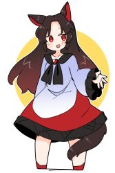 Rule 34 | 1girl, animal ears, blush, brown hair, dress, grey dress, highres, imaizumi kagerou, ini (inunabe00), long hair, long sleeves, multicolored clothes, multicolored dress, open mouth, red dress, red eyes, red footwear, shoes, simple background, smile, solo, tail, touhou, white background, wide sleeves, wolf ears, wolf tail