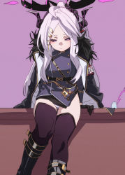 Rule 34 | 1girl, belt, black gloves, blue archive, breasts, buttons, coat, double-breasted, expressionless, fu-ta, gloves, hair ornament, hairclip, halo, highres, hina (blue archive), horns, long hair, panties, pantyshot, purple eyes, purple hair, purple thighhighs, sitting, skirt, solo, thighhighs, underwear, white panties