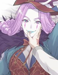 Rule 34 | 1boy, bed, bedroom, blue eyes, blue lips, cape, center opening, colored skin, curly hair, fate/grand order, fate (series), fur-trimmed cape, fur collar, fur trim, hand on another&#039;s face, hat, headpat, headpiece, horns, indoors, lipstick stain, makeup, male focus, medium hair, mephistopheles (fate), mocollie, multicolored eyes, multiple tails, naughty face, pale skin, pectoral cleavage, pectorals, pov, purple eyes, purple hair, solo, tail, teardrop, thick eyebrows, unzipped, white skin