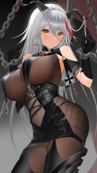 Rule 34 | 1girl, absurdres, aegir (azur lane), arched back, azur lane, bare shoulders, black background, black gloves, blonde hair, blush, bodystocking, breast curtains, breasts, chain, closed mouth, covered erect nipples, covered navel, cross, earrings, fishnets, gloves, gradient background, grey background, hair between eyes, hands up, highres, horns, iron cross, jewelry, long hair, looking at viewer, multicolored hair, nanam (nanam sk), raised eyebrows, silver hair, skindentation, solo, streaked hair, thighhighs, very long hair, yellow eyes