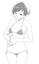 Rule 34 | 1girl, alternate costume, bare arms, bikini, blush, breasts, closed mouth, collarbone, commentary request, cowboy shot, creatures (company), frown, game freak, glasses, greyscale, half-closed eyes, highres, looking down, makino harumaki, monochrome, multicolored hair, navel, nintendo, own hands together, penny (pokemon), pokemon, pokemon sv, round eyewear, short hair, side-tie bikini bottom, small breasts, solo, sweatdrop, swimsuit, two-tone hair