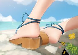 Rule 34 | 1girl, absurdres, arknights, beach, blue sky, brown footwear, chinese commentary, commentary request, crab, day, feet, flower, foot focus, heart, high heels, highres, horizon, metal crab (arknights), motion lines, ocean, official alternate costume, outdoors, sandals, skadi (arknights), skadi the corrupting heart (arknights), sky, solo focus, vamjulian, yellow flower