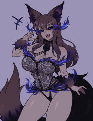 Rule 34 | +++, 1girl, absurdres, animal ears, black nails, black sclera, blush, breasts, brown hair, cleavage, collarbone, colored sclera, colored skin, commission, fangs, fingernails, grey skin, highres, large breasts, lips, looking at viewer, nail polish, open mouth, original, purple eyes, sharp fingernails, smile, solo, tail, teeth, the scarlet devil, wolf ears, wolf girl, wolf tail