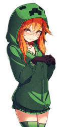 Rule 34 | 1girl, at2., black gloves, blush, creeparka, creeper, cupa (at2.), gloves, green thighhighs, highres, hood, hooded jacket, jacket, looking at viewer, matching hair/eyes, minecraft, orange eyes, orange hair, personification, simple background, smile, solo, thighhighs, white background
