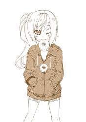 Rule 34 | 1girl, doughnut, food, food in mouth, food on face, hands in pockets, hood, hoodie, kouji (campus life), long hair, lowres, monochrome, monogatari (series), mouth hold, one eye closed, oshino shinobu, pointy ears, side ponytail, solo, wink