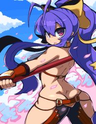 Rule 34 | 1girl, ass, average-hanzo, blazblue, blazblue: central fiction, blazblue variable heart, blue hair, blush, breasts, butt crack, cowboy shot, fingerless gloves, genderswap, genderswap (mtf), gloves, hair between eyes, halterneck, holding, holding weapon, long hair, mai natsume, midriff, open mouth, pants, ponytail, purple eyes, sideboob, skindentation, solo, very long hair, weapon