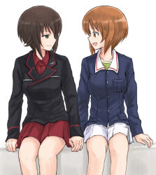 Rule 34 | 2girls, arm support, black jacket, blue jacket, brown eyes, brown hair, closed mouth, commentary request, dress shirt, emblem, girls und panzer, green shirt, holding hands, incest, jacket, kuromorimine military uniform, long sleeves, looking at another, military, military uniform, miniskirt, multiple girls, mutsu (layergreen), nishizumi maho, nishizumi miho, ooarai military uniform, open mouth, pleated skirt, red shirt, red skirt, shirt, short hair, siblings, side-by-side, sisters, sitting, skirt, smile, uniform, white background, white skirt, wing collar, yuri