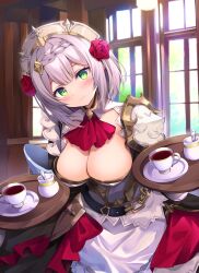 Rule 34 | 1girl, apron, ascot, belt, black belt, black dress, blush, bow, braid, breasts, closed mouth, cup, dress, flower, genshin impact, green eyes, grey hair, hair flower, hair ornament, highres, holding, holding tray, hyurasan, indoors, kettle, lamp, large breasts, light, long sleeves, looking at viewer, maid, maid day, noelle (genshin impact), red ascot, red bow, red flower, red rose, rose, short hair, smile, solo, standing, tea, tray, white apron, window