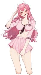 Rule 34 | 1girl, absurdres, black necktie, blush, breasts, cleavage, collarbone, collared shirt, covered erect nipples, cropped legs, hand up, highres, horns, large breasts, long hair, long sleeves, midriff, miniskirt, navel, necktie, nose blush, open mouth, original, pink eyes, pink hair, pink shirt, pink skirt, raised eyebrows, salute, shirt, simple background, skirt, skirt tug, sleeves pushed up, smile, solo, tearing up, teeth, tied shirt, tongue, upper teeth only, white background, yogu (user rxdx2445)