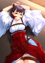 Rule 34 | 1girl, arms up, bdsm, bondage, bound, bound thighs, bound wrists, breasts, brown eyes, clenched hands, cloth gag, clothes lift, cowboy shot, from above, gag, gagged, hair behind ear, hair ornament, hairclip, hakama, hakama lift, half-closed eyes, highres, improvised gag, japanese clothes, kawamura tsukasa, kimono, long hair, looking at viewer, lying, medium breasts, miko, on back, on floor, original, purple hair, red hakama, rope, shibari, shibari over clothes, solo, white kimono, wide sleeves, wooden floor