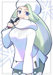 Rule 34 | 1girl, blonde hair, blue eyes, breasts, creatures (company), dynamax band, earrings, fur collar, fur hat, game freak, gloves, hat, highres, jewelry, large breasts, long hair, long sleeves, mature female, melony (pokemon), multicolored hair, nintendo, pantyhose, pantyhose under shorts, partially fingerless gloves, pearl earrings, pokemon, pokemon swsh, scarf, scottie friends, shorts, side slit, side slit shorts, single glove, solo, streaked hair, sweater, ushanka, white hat, white scarf, white sweater