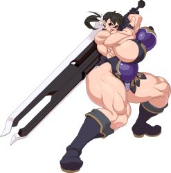 Rule 34 | 1girl, apron, black gloves, black hair, boots, breasts, cattleya (queen&#039;s blade), covered navel, flower, full body, glasses, gloves, hair flower, hair ornament, highres, holding, holding sword, holding weapon, huge breasts, huge weapon, impossible clothes, jill besson (vordandan), low ponytail, mature female, muscular, muscular female, ponytail, queen&#039;s blade, solo, sword, weapon