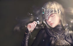 Rule 34 | 1girl, blonde hair, cape, capelet, cloak, closed eyes, dark souls (series), dark souls i, dark souls iii, dress, fire keeper, flower, highres, holding, holding flower, jewelry, lips, long hair, lying, mask, nhan, on back, parted lips, solo, upper body