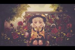 Rule 34 | 1girl, black hat, black skirt, blonde hair, blush, bug, butterfly, butterfly on hand, closed mouth, cloud, cloudy sky, day, dise (psychoro), feet out of frame, fence, flower, frilled shirt collar, frilled sleeves, frills, green eyes, hair ribbon, hat, insect, komeiji koishi, letterboxed, long sleeves, medium skirt, outdoors, plant, red flower, red rose, ribbon, rose, shirt, short hair, sitting, skirt, sky, smile, solo, tareme, touhou, tree, wide sleeves, wooden fence, yellow ribbon, yellow shirt