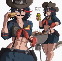 Rule 34 | 1girl, abs, beer can, black hair, black serafuku, black skirt, blue eyes, burger, can, cooking, cowboy hat, crop top, drink can, eating, fake facial hair, fake mustache, food, foot up, gloves, grill, grilling, hat, highres, holding, holding can, holding food, holding tongs, kill la kill, konohagakure symbol, living clothes, matoi ryuuko, meat, medium hair, multicolored hair, muscular, muscular female, navel, neckerchief, pleated skirt, profanity, red gloves, red hair, red neckerchief, school uniform, serafuku, skirt, solo, spanish text, standing, standing on one leg, streaked hair, suspenders, tongs, two-tone hair, white footwear, yoracrab