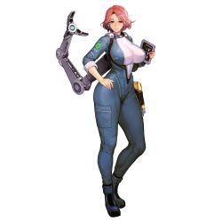 Rule 34 | 1girl, bodysuit, boots, breasts, collar, fortune (last origin), full body, game cg, hand on own hip, harness, highres, impossible clothes, impossible shirt, large breasts, last origin, looking at viewer, mechanical arms, official art, parted bangs, pink eyes, pink hair, plunging neckline, shirt, short hair, sima (startwitch), single mechanical arm, sleeves rolled up, smile, solo, sweatdrop, tablet pc, tachi-e, transparent background, wide hips