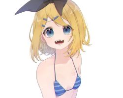Rule 34 | 1girl, :d, aomidori (em em37), backlighting, bare arms, bare shoulders, bikini, black bow, blonde hair, blue bikini, blue eyes, bow, breast tattoo, breasts, collarbone, eyes visible through hair, fangs, hair between eyes, hair ornament, hairclip, highres, kagamine rin, looking at viewer, midriff, number tattoo, open mouth, see-through, short hair, signature, simple background, small breasts, smile, solo, string bikini, striped bikini, striped clothes, swimsuit, tattoo, vocaloid, white background
