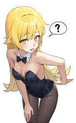 Rule 34 | 1girl, ?, absurdres, bare shoulders, black leotard, blonde hair, blush, bow, bowtie, breasts, covered navel, damcheong, detached collar, highleg, highleg leotard, highres, leotard, long hair, looking at viewer, medium breasts, monogatari (series), open mouth, oshino shinobu, pantyhose, solo, speech bubble, strapless, strapless leotard, traditional bowtie, wrist cuffs, yellow eyes