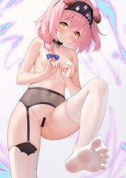 Rule 34 | 1girl, absurdres, animal ears, arknights, bar censor, black hairband, blue bow, blush, bow, braid, breasts, cat ears, censored, closed mouth, collar, covered navel, electricity, feet, from below, goldenglow (arknights), hair over shoulder, hairband, highres, leg up, lightning bolt symbol, long hair, looking at viewer, looking down, medium breasts, nipples, no shoes, nude, pussy, single braid, smile, soles, solo, standing, standing on one leg, thighhighs, toes, white thighhighs, yellow eyes, yinqi