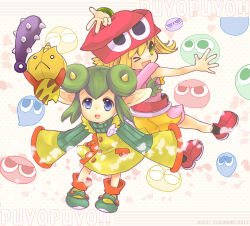 Rule 34 | 10s, 2012, 2girls, :&lt;, amitie (puyopuyo), amitie (puyopuyo), artist name, blonde hair, blue eyes, club, club (weapon), copyright name, creature, double bun, full body, green eyes, green hair, hat, horns, kanabou, lidelle (puyopuyo), madou monogatari, multiple girls, one eye closed, onion pixy, oversized clothes, pointy ears, puyo (puyopuyo), puyopuyo, puyopuyo fever, shinonome moegi, shoes, short hair, shorts, skirt, sleeves past wrists, smile, spiked club, v, weapon, wink