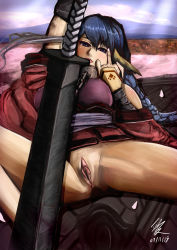 Rule 34 | 1girl, absurdres, animal ears, aquaplus, arms up, bare shoulders, blue eyes, blue hair, blush, braid, breasts, chain, collar, crotch, fingernails, gauntlets, greatsword, hair between eyes, highres, holding, holding sword, holding weapon, japanese clothes, karulau, kimono, large breasts, lips, long hair, long sleeves, looking at viewer, lying, middle finger, nose, off shoulder, on back, pussy, signature, single braid, solo, spread legs, sword, thighs, uncensored, utawarerumono, very long hair, weapon, wide sleeves
