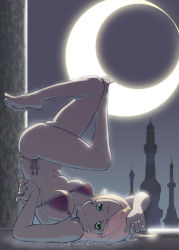 Rule 34 | 1girl, :&lt;, awkward pose, backlighting, barefoot, bikini, bikini top only, blonde hair, breasts, colored eyelashes, crescent moon, feet, full body, green eyes, jitome, leg up, long hair, looking at viewer, moon, night, original, outdoors, pointy ears, silhouette, small breasts, solo, swimsuit, tower, ueyama michirou, upside-down